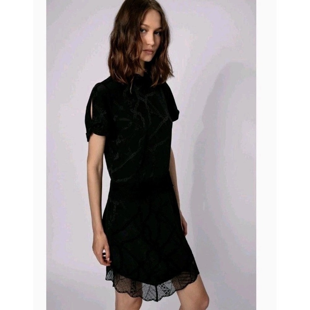 Zadig & Voltaire Dress‎ Size Medium Roberts Jac Black Silk Chain Print Lace Trim